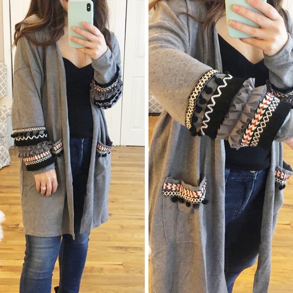 Boho oversized tassel fringe pom pom cardigan gray